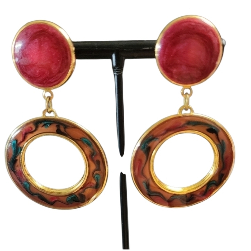 Vintage Gold Tone Red Enamel Dangle Earrings